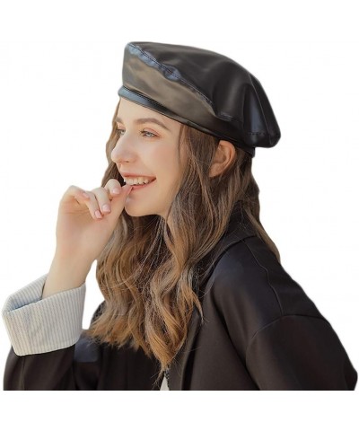 Women Pu Leahter Beret Hat Black Harajuku Style Painter Hat Cap Black-solid $11.39 Berets