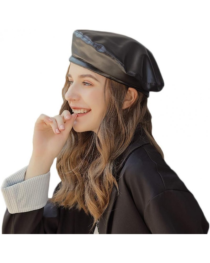 Women Pu Leahter Beret Hat Black Harajuku Style Painter Hat Cap Black-solid $11.39 Berets