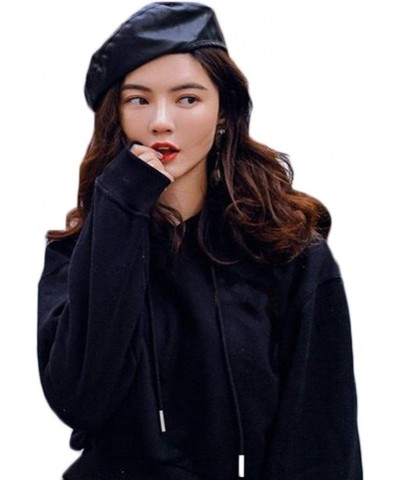 Women Pu Leahter Beret Hat Black Harajuku Style Painter Hat Cap Black-solid $11.39 Berets