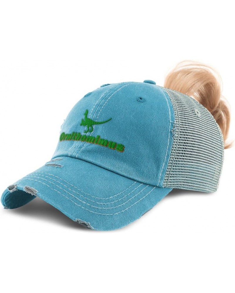 Womens Ponytail Cap Ornithomimus Dinosaurs Jurassic Cotton Prehistoric Distressed Trucker Hat Turquoise Design Only $14.70 Ba...