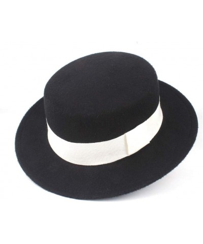 Authentic Men Women Fashion Flat Top Hat Wide Brim Fedora Hat Church Hat Wool Cap Fascinator Hat Size 56-58CM Black $15.26 Fe...