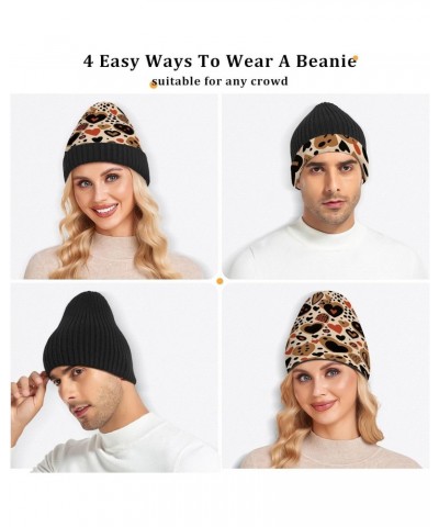 Leopard Print Heart Beanie Hat for Men Women Winter Soft Warm Knit Cuffed Beanie for Outdoor Cold Weather Sports Ski Unisex H...