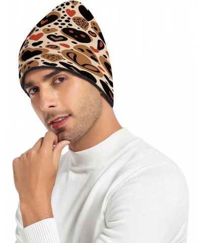 Leopard Print Heart Beanie Hat for Men Women Winter Soft Warm Knit Cuffed Beanie for Outdoor Cold Weather Sports Ski Unisex H...