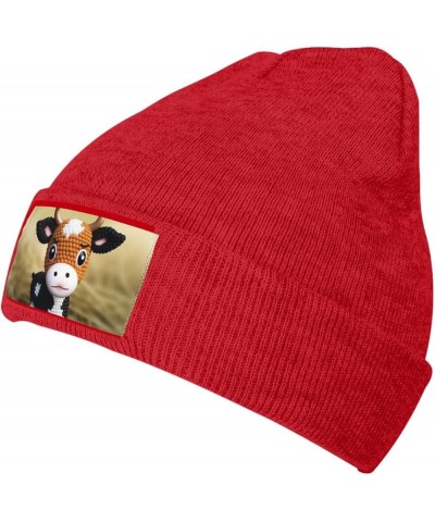 Beanie Hats for Women Men Knit Hat Cute Little Cow Calf Pattern Print Beanies Cap Fashion Cuffed Sports Hat Red $11.99 Skulli...