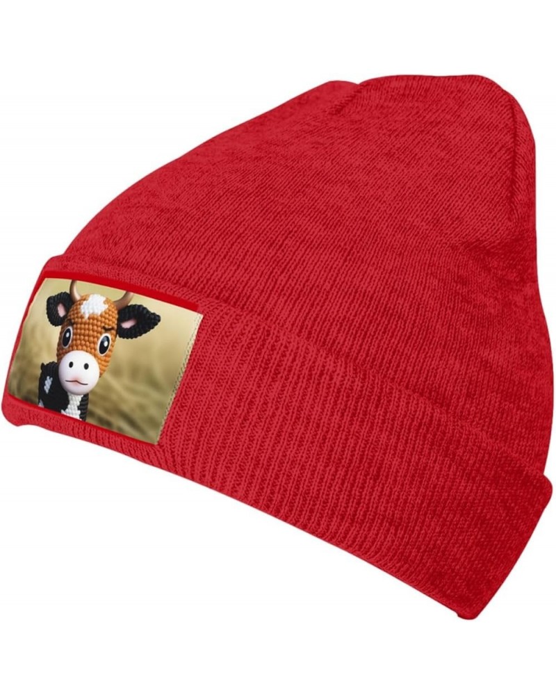 Beanie Hats for Women Men Knit Hat Cute Little Cow Calf Pattern Print Beanies Cap Fashion Cuffed Sports Hat Red $11.99 Skulli...