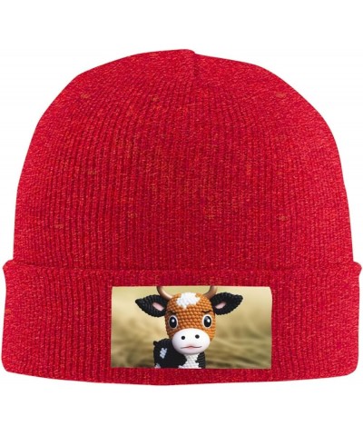 Beanie Hats for Women Men Knit Hat Cute Little Cow Calf Pattern Print Beanies Cap Fashion Cuffed Sports Hat Red $11.99 Skulli...