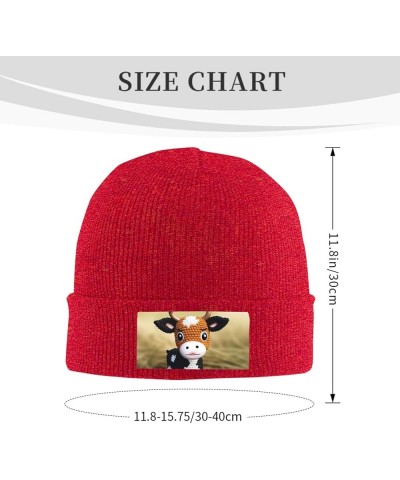 Beanie Hats for Women Men Knit Hat Cute Little Cow Calf Pattern Print Beanies Cap Fashion Cuffed Sports Hat Red $11.99 Skulli...