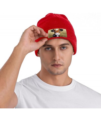 Beanie Hats for Women Men Knit Hat Cute Little Cow Calf Pattern Print Beanies Cap Fashion Cuffed Sports Hat Red $11.99 Skulli...