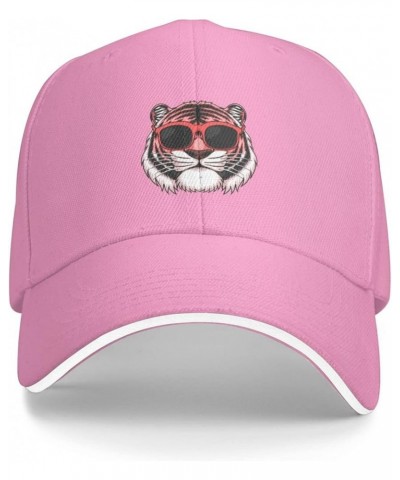 Pink Tiger Head Wearing Sunglasses Baseball Cap Sandwich Brim Hats for Men Women Adjustable Caps Pink $9.87 Baseball Caps