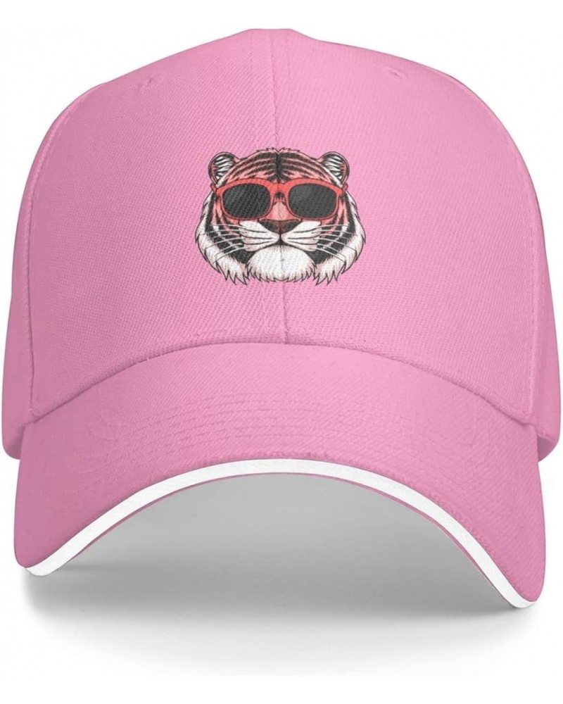 Pink Tiger Head Wearing Sunglasses Baseball Cap Sandwich Brim Hats for Men Women Adjustable Caps Pink $9.87 Baseball Caps