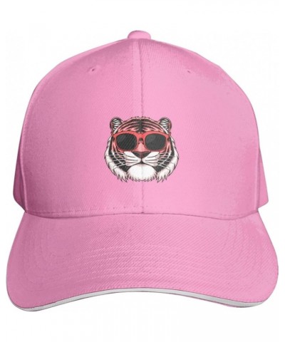 Pink Tiger Head Wearing Sunglasses Baseball Cap Sandwich Brim Hats for Men Women Adjustable Caps Pink $9.87 Baseball Caps