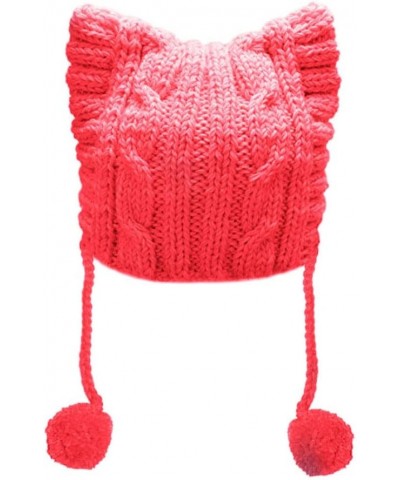 Winter Women's Hat Pussy Cat Ear Beanie Braided Pompom Balls Knit Cap Watermelon Red $9.53 Skullies & Beanies