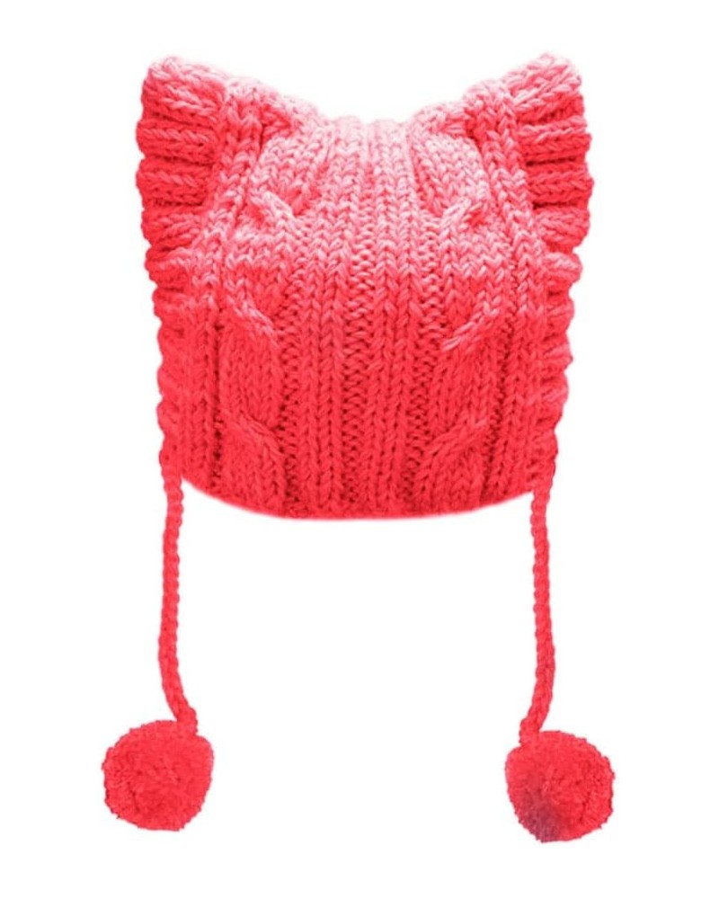 Winter Women's Hat Pussy Cat Ear Beanie Braided Pompom Balls Knit Cap Watermelon Red $9.53 Skullies & Beanies