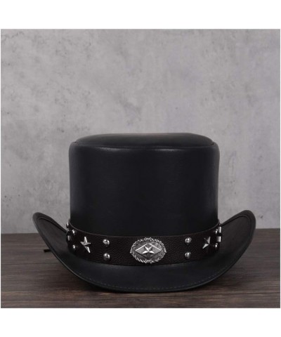 Elegant 3 Size Leather Top Hat Ladies Men Presidential Fedora Hat Rivet Decoration Steampunk Cosplay Party Hat (Color : Black...