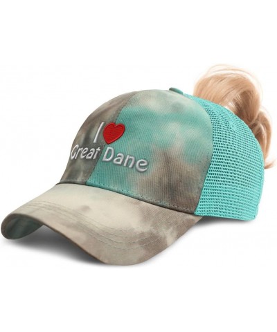 Womens Ponytail Cap I (Love) Great Dane Red Heart Pet Lovers Dogs Dog Great Dane Tie Dye Aqua Design Only $15.94 Baseball Caps