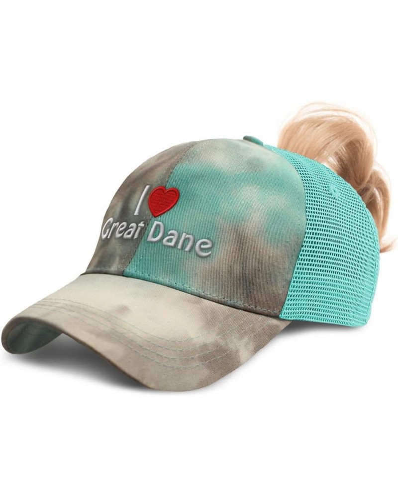 Womens Ponytail Cap I (Love) Great Dane Red Heart Pet Lovers Dogs Dog Great Dane Tie Dye Aqua Design Only $15.94 Baseball Caps