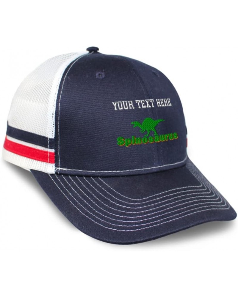 Custom Custom Trucker Hat Baseball Cap Spinosaurus Jurassic Cotton Prehistoric Dad Hats for Men & Women Navy White Stripes Pe...