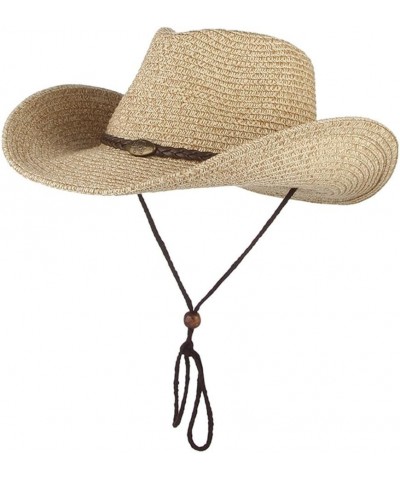 Women Mens Wide Brim Straw Hat Panama Bucket Hat Western Cowboy Sun Hat Lanyard Beach Hat Coffee $14.01 Sun Hats