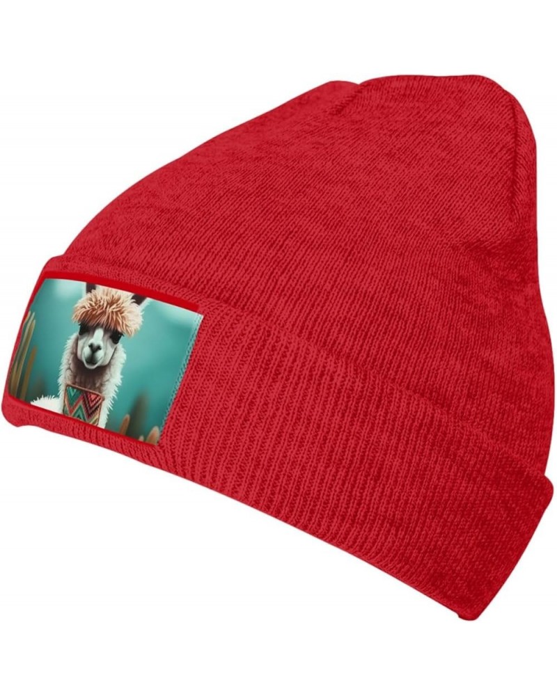 Beanie Hats for Women Men Knit Hat Alpaca Print Beanies Cap Fashion Cuffed Sports Hat Red $9.45 Skullies & Beanies