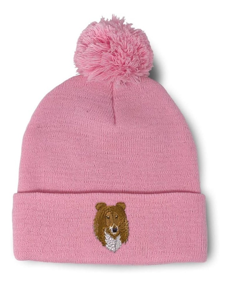 Custom Pom Pom Beanies for Women Rough Collie Head Embroidery Skull Cap Winter Hats for Men Acrylic 1 Size Soft Pink Design O...