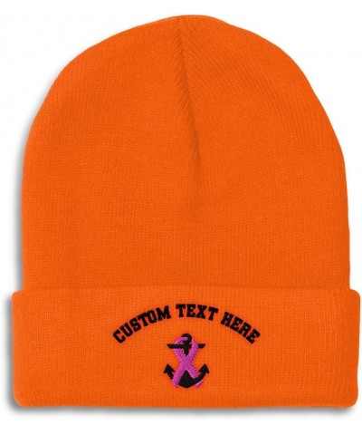 Custom Beanies for Men Breast Cancer Ribbon & Anchor Embroidery Winter Hats for Women Skull Cap 1 Size Orange Personalized Te...