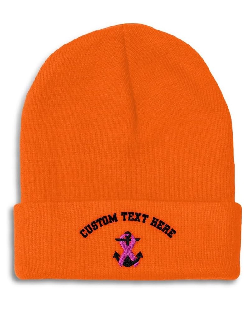 Custom Beanies for Men Breast Cancer Ribbon & Anchor Embroidery Winter Hats for Women Skull Cap 1 Size Orange Personalized Te...