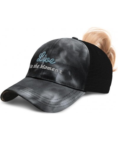 Womens Ponytail Cap Live in The Moment Style B Cotton Distressed Trucker Hats Tie Dye Black $12.90 Baseball Caps