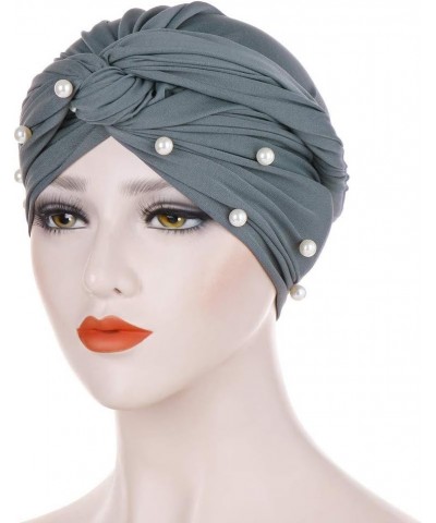 Turban Cap Ruffle Women Pearl Hat Wrap Muslim Beading Baseball Caps Periphery Hat Grey $6.30 Skullies & Beanies