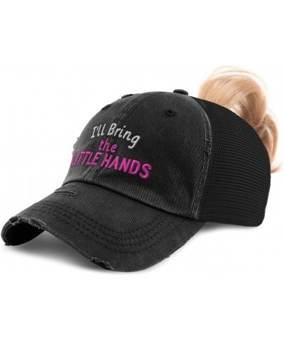 Womens Ponytail Cap I'll Bring The Little Hands Cotton Distressed Trucker Hats Black $16.79 Baseball Caps