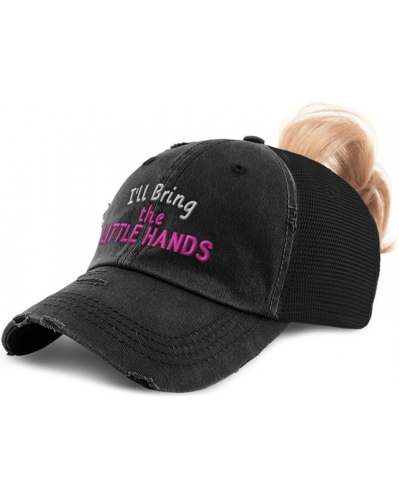 Womens Ponytail Cap I'll Bring The Little Hands Cotton Distressed Trucker Hats Black $16.79 Baseball Caps