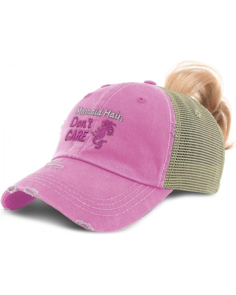 Womens Ponytail Cap Mermaid Hair Don't Care Cotton Distressed Trucker Hats Soft Pink $11.48 Baseball Caps