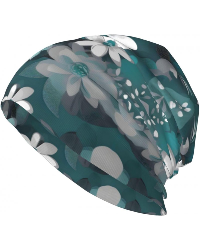 Teal Grey and White Floral Ultra-Warm & Stylish Fashion Adult Men's Knit Hat - Versatile Adult Brim Headwear, Perfect Winter ...