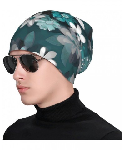 Teal Grey and White Floral Ultra-Warm & Stylish Fashion Adult Men's Knit Hat - Versatile Adult Brim Headwear, Perfect Winter ...