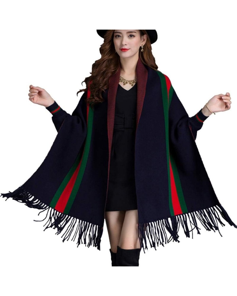 Tassel Shawl Spring Autumn Women's Cloak Scarf Dual-use Cardigan with Sleeves Cape Poncho Blue $14.17 Scarves