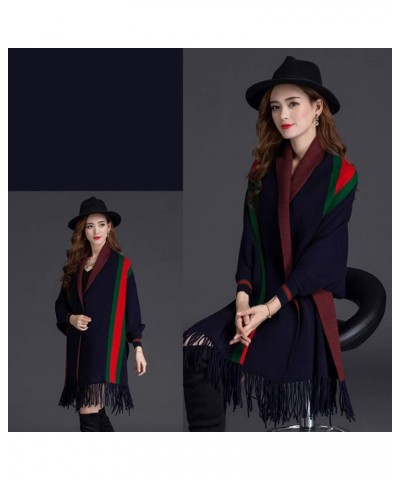 Tassel Shawl Spring Autumn Women's Cloak Scarf Dual-use Cardigan with Sleeves Cape Poncho Blue $14.17 Scarves