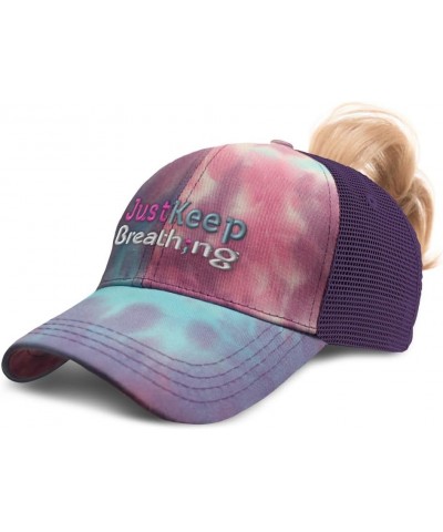 Womens Ponytail Cap Just Keep Breathing Cotton Distressed Trucker Hats Tie Dye Purple $15.67 Baseball Caps