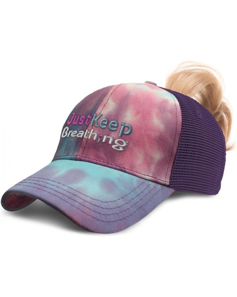 Womens Ponytail Cap Just Keep Breathing Cotton Distressed Trucker Hats Tie Dye Purple $15.67 Baseball Caps