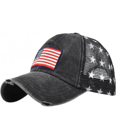 Vintage Half Mesh Baseball Cap Embroidery USA Flag Stars Cotton Sun Hat Washed Denim Trucker Cap Adjustable Unisex Black $8.8...