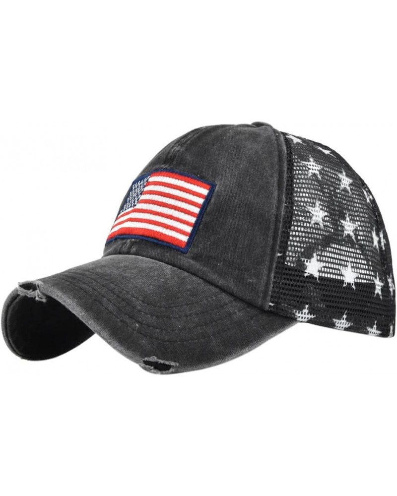 Vintage Half Mesh Baseball Cap Embroidery USA Flag Stars Cotton Sun Hat Washed Denim Trucker Cap Adjustable Unisex Black $8.8...