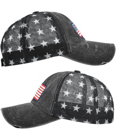 Vintage Half Mesh Baseball Cap Embroidery USA Flag Stars Cotton Sun Hat Washed Denim Trucker Cap Adjustable Unisex Black $8.8...