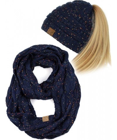 Colorful Confetti BeanieTail Messy High Bun Cable Knit Beanie and Infinity Loop Scarf Set Navy $14.70 Skullies & Beanies