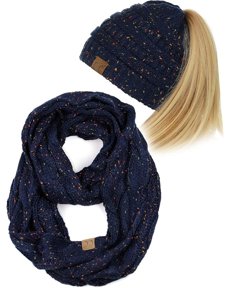 Colorful Confetti BeanieTail Messy High Bun Cable Knit Beanie and Infinity Loop Scarf Set Navy $14.70 Skullies & Beanies