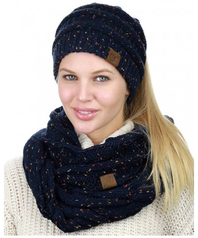 Colorful Confetti BeanieTail Messy High Bun Cable Knit Beanie and Infinity Loop Scarf Set Navy $14.70 Skullies & Beanies