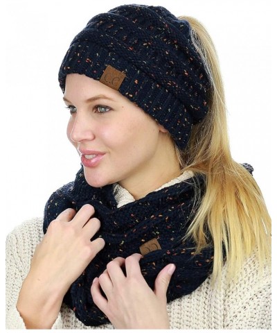 Colorful Confetti BeanieTail Messy High Bun Cable Knit Beanie and Infinity Loop Scarf Set Navy $14.70 Skullies & Beanies