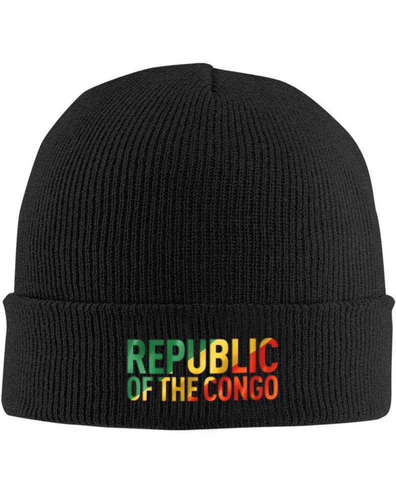 Knitted Hat Congolese Flag Text Font Beanie Cap Cold Weather Hat Warm Winter Hats Brimless Caps Black $12.47 Skullies & Beanies