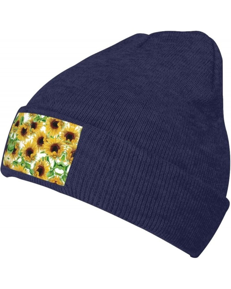 Yellow Sunflowers Print Unisex Lightweight Knit Hat Cap Multifunctional Beanie for Travel, Hiking,Skiing Navy Blue $11.65 Sku...