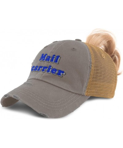 Womens Ponytail Cap Mail Carrier Mailman Cotton Postoffice Distressed Trucker Hat Grey Tan Design Only $15.80 Baseball Caps