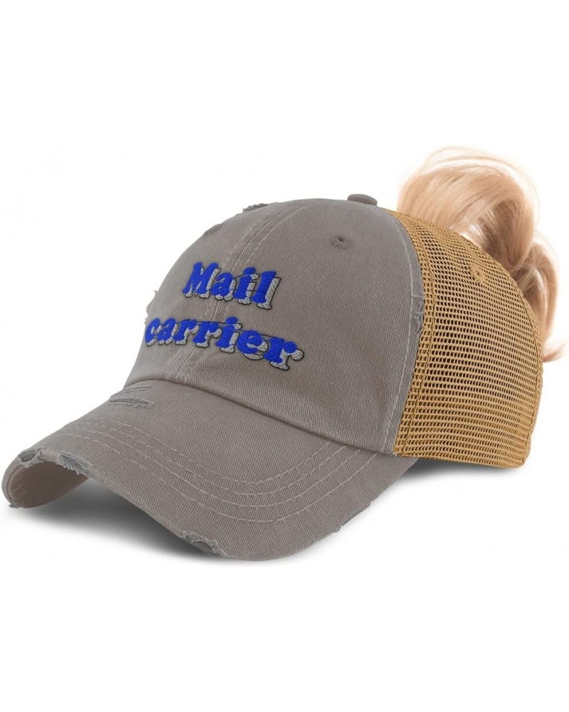 Womens Ponytail Cap Mail Carrier Mailman Cotton Postoffice Distressed Trucker Hat Grey Tan Design Only $15.80 Baseball Caps