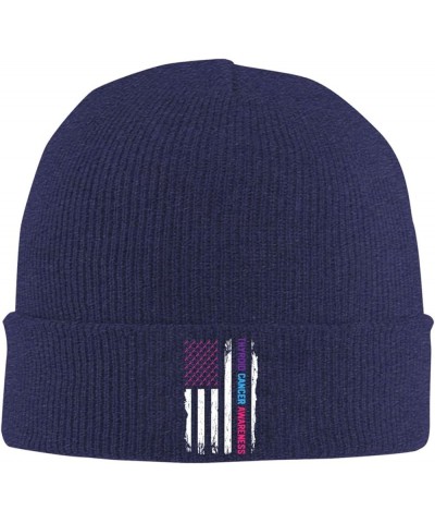 American Flag Thyroid Cancer Awareness Cozy Knitted Hat for Winter - Warm Comfort Black Navy Blue $15.13 Skullies & Beanies