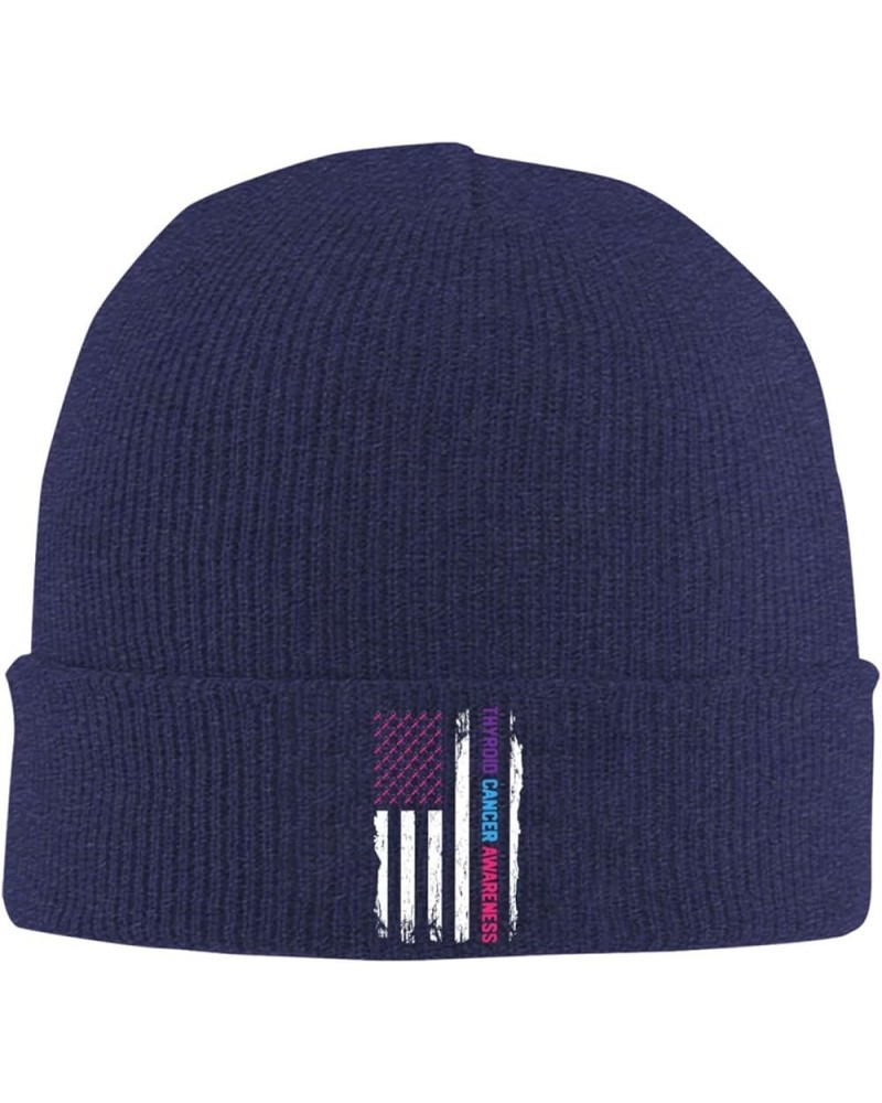 American Flag Thyroid Cancer Awareness Cozy Knitted Hat for Winter - Warm Comfort Black Navy Blue $15.13 Skullies & Beanies